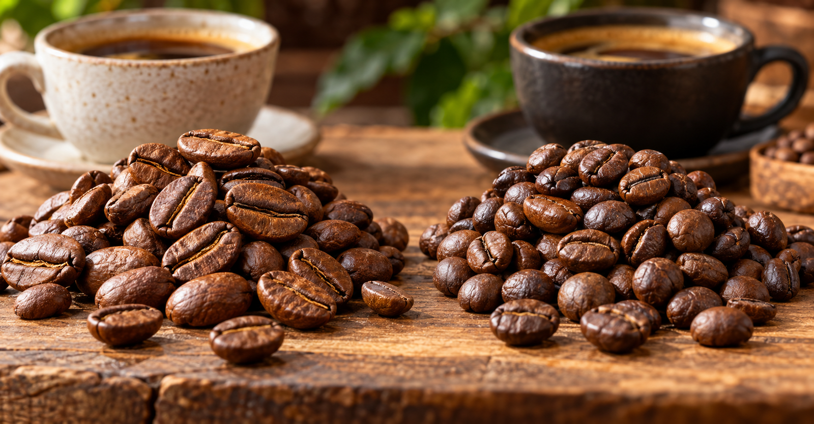 Grãos de café Arábica e Robusta lado a lado