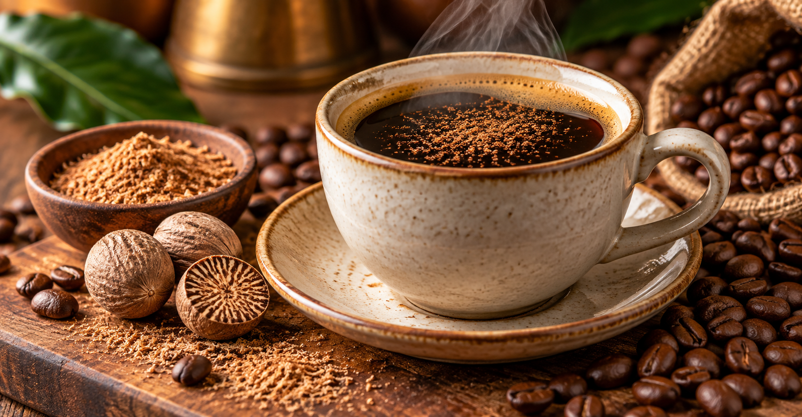 Xícara de café com noz-moscada e grãos de café