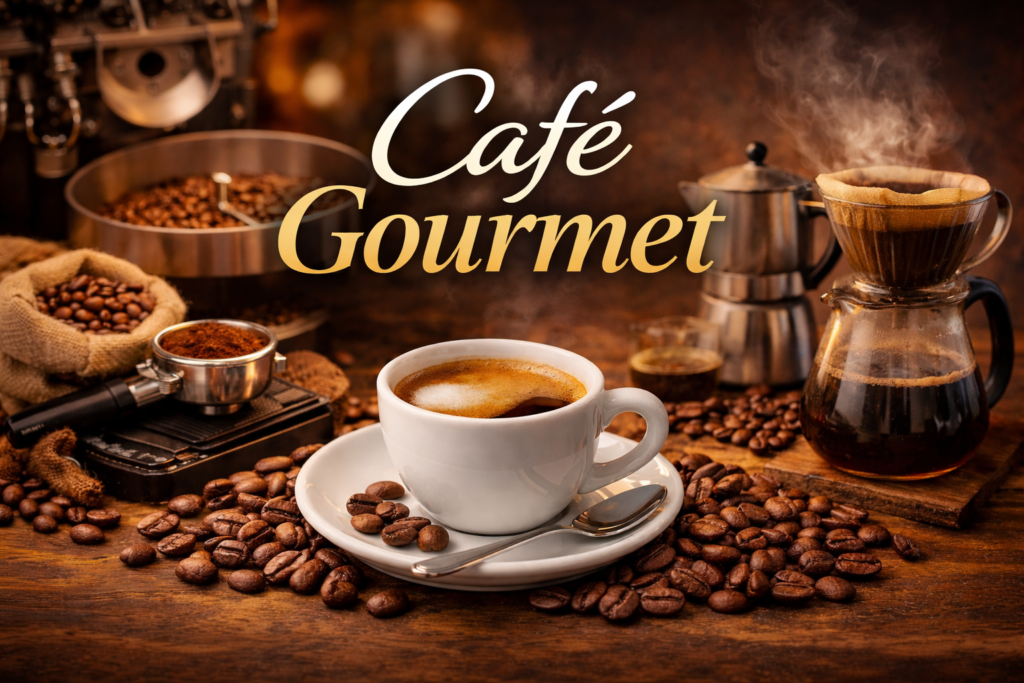 Xícara de café gourmet sobre mesa rústica, rodeada por grãos selecionados, coador de vidro com café fresco e utensílios de preparo artesanal ao fundo.