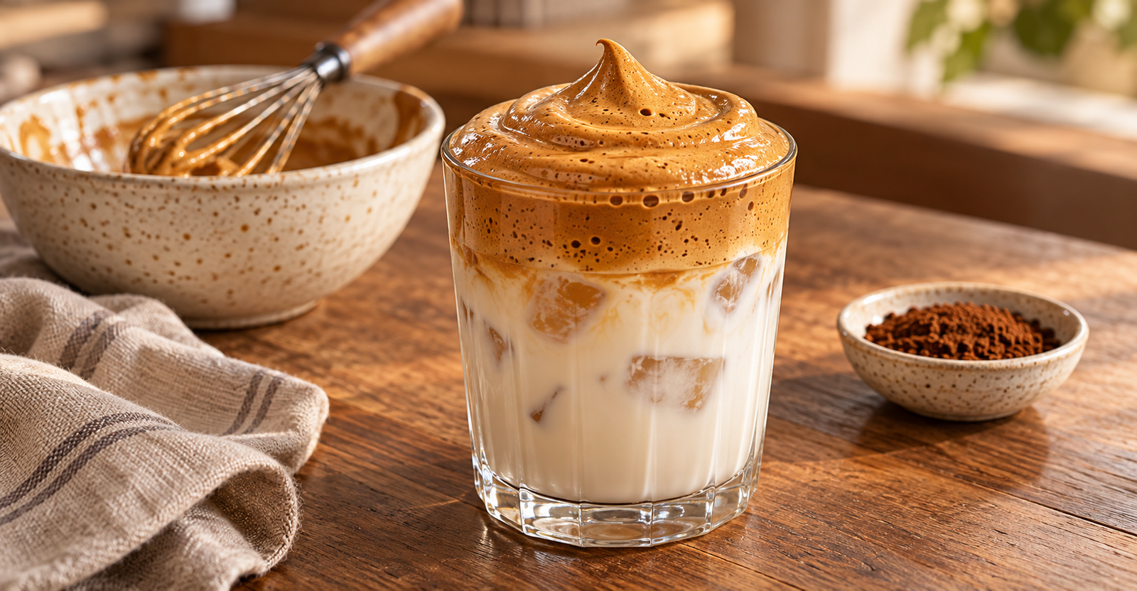 Copo de leite com gelo e cobertura de café batido, acompanhado de tigela, batedor e café solúvel sobre mesa de madeira.