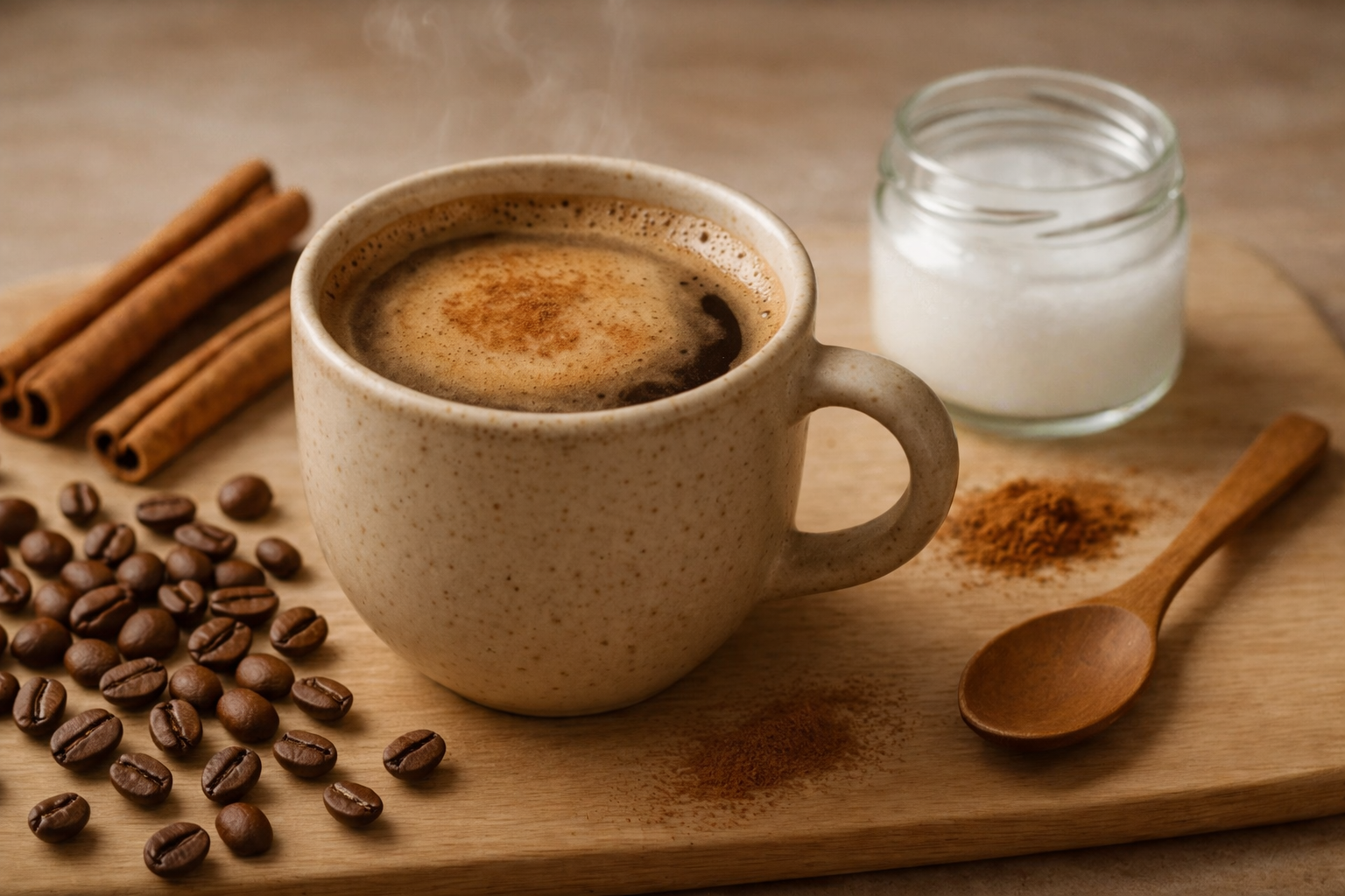 Café com óleo de coco e canela servido em uma xícara, combinação popular para aumentar a saciedade e a energia pela manhã.