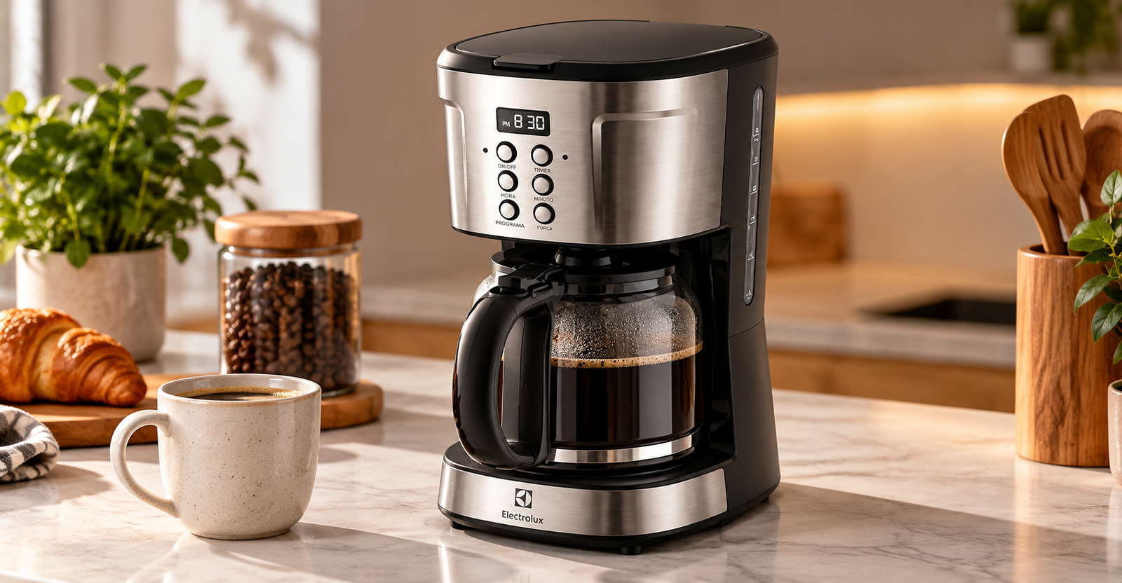 Cafeteira Electrolux ECM30 sobre bancada de cozinha moderna