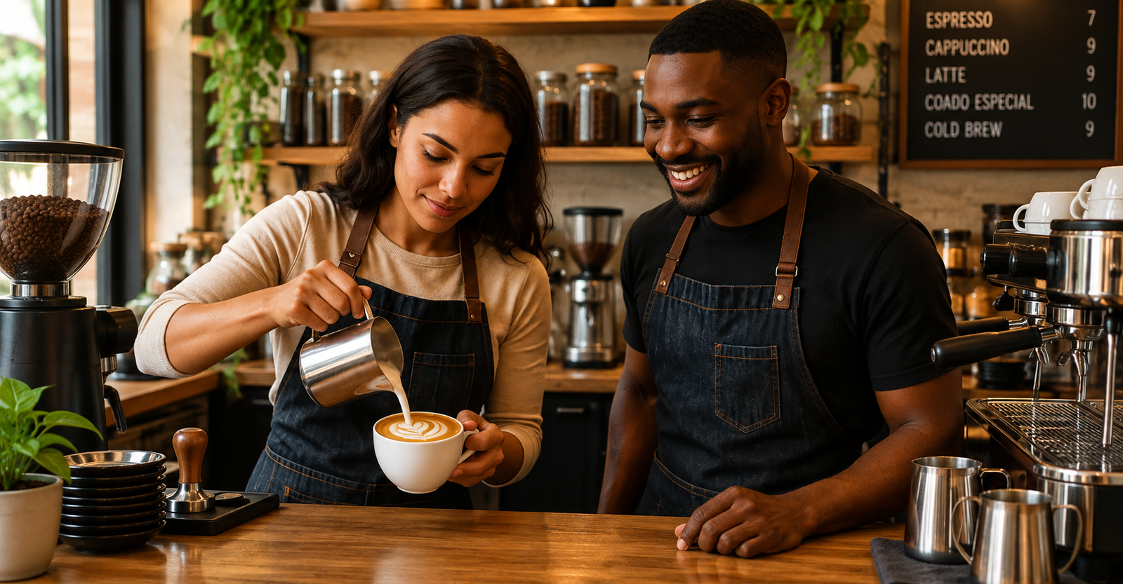 Mulher e homem baristas preparando café em uma cafeteria