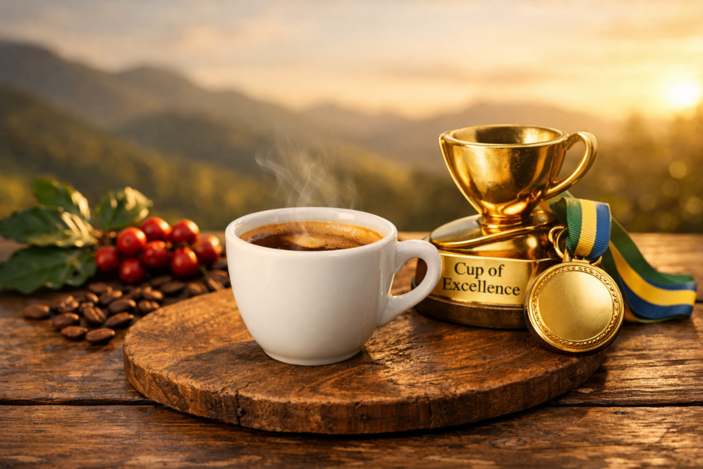 Café brasileiro premiado em xícara branca com troféu de concurso de qualidade e montanhas produtoras ao fundo.