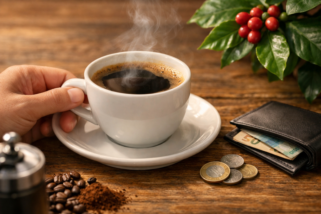 Mão segurando xícara branca de café quente com crema dourada e vapor, sobre mesa de madeira rústica, com grãos de café, pó moído, moedor manual, carteira com cédulas de real e planta de café com frutos vermelhos ao fundo.