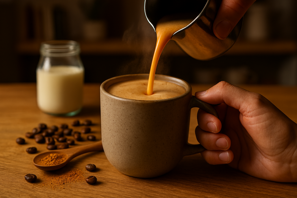 Mão segurando caneca de cerâmica com café com leite enquanto a bebida cremosa é despejada de um bule de inox, formando espuma, sobre bancada de madeira com grãos de café, leite e canela ao redor.