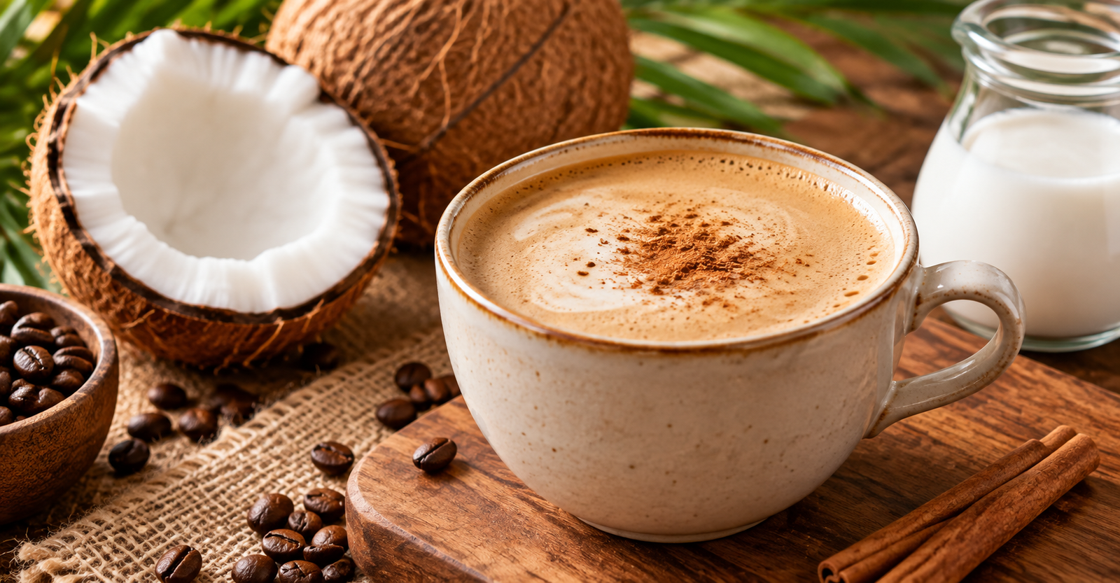 Café com leite de coco cremoso servido com coco fresco e canela