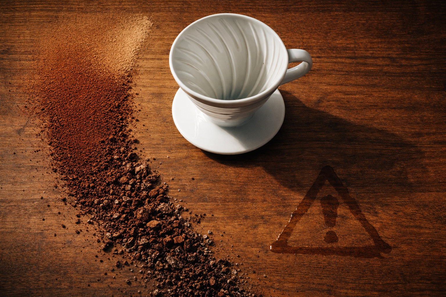 Diferença de moagem de café do fino ao grosso ao lado de filtro V60 sobre superfície de madeira