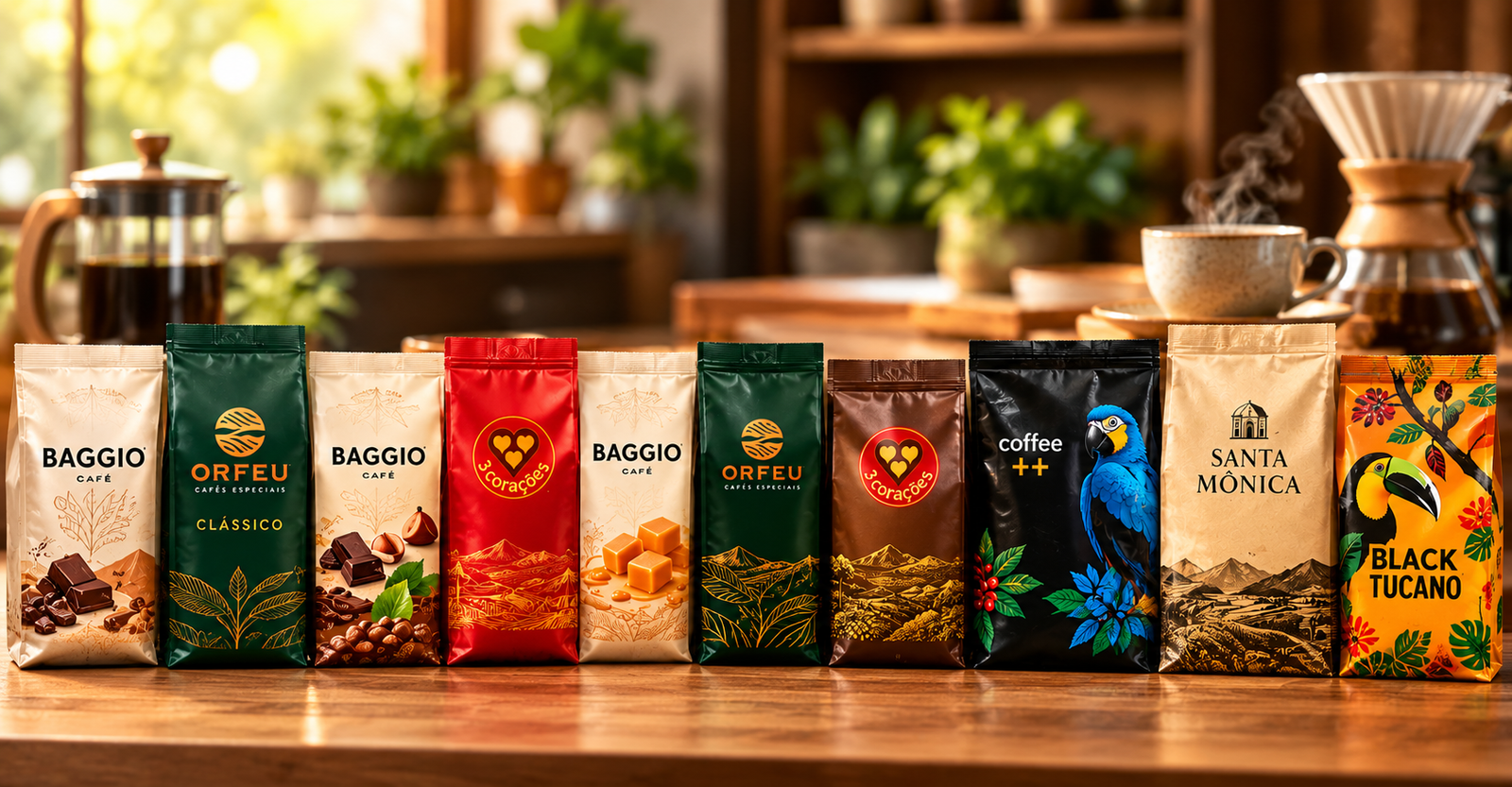 Cafés mais vendidos na Amazon em 2026 de marcas como Orfeu, Baggio, 3 Corações, Santa Mônica, Coffee Mais e Black Tucano