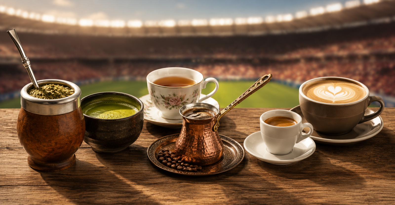 Mate argentino, matcha japonês, chá tradicional, café turco e espresso representando as bebidas populares dos países da Copa do Mundo 2026.