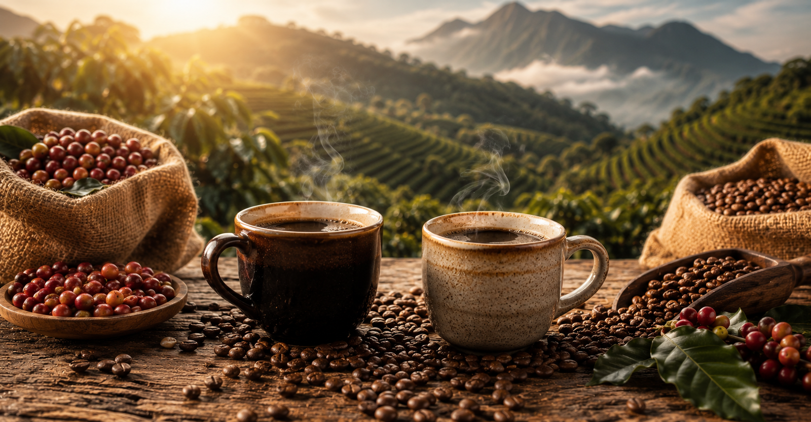 Duas xícaras de café especial representando Brasil e Colômbia em uma comparação entre os maiores produtores de café do mundo.
