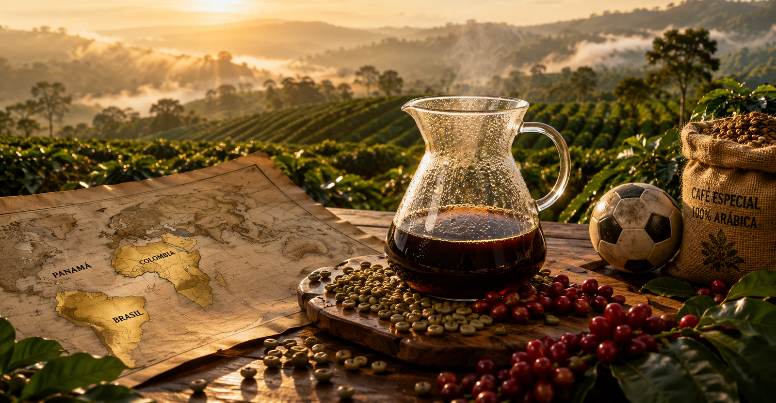 Decantador de café especial sobre mesa de madeira com grãos verdes, cerejas de café, mapa destacando Brasil, Colômbia e Panamá e plantação de café ao amanhecer.