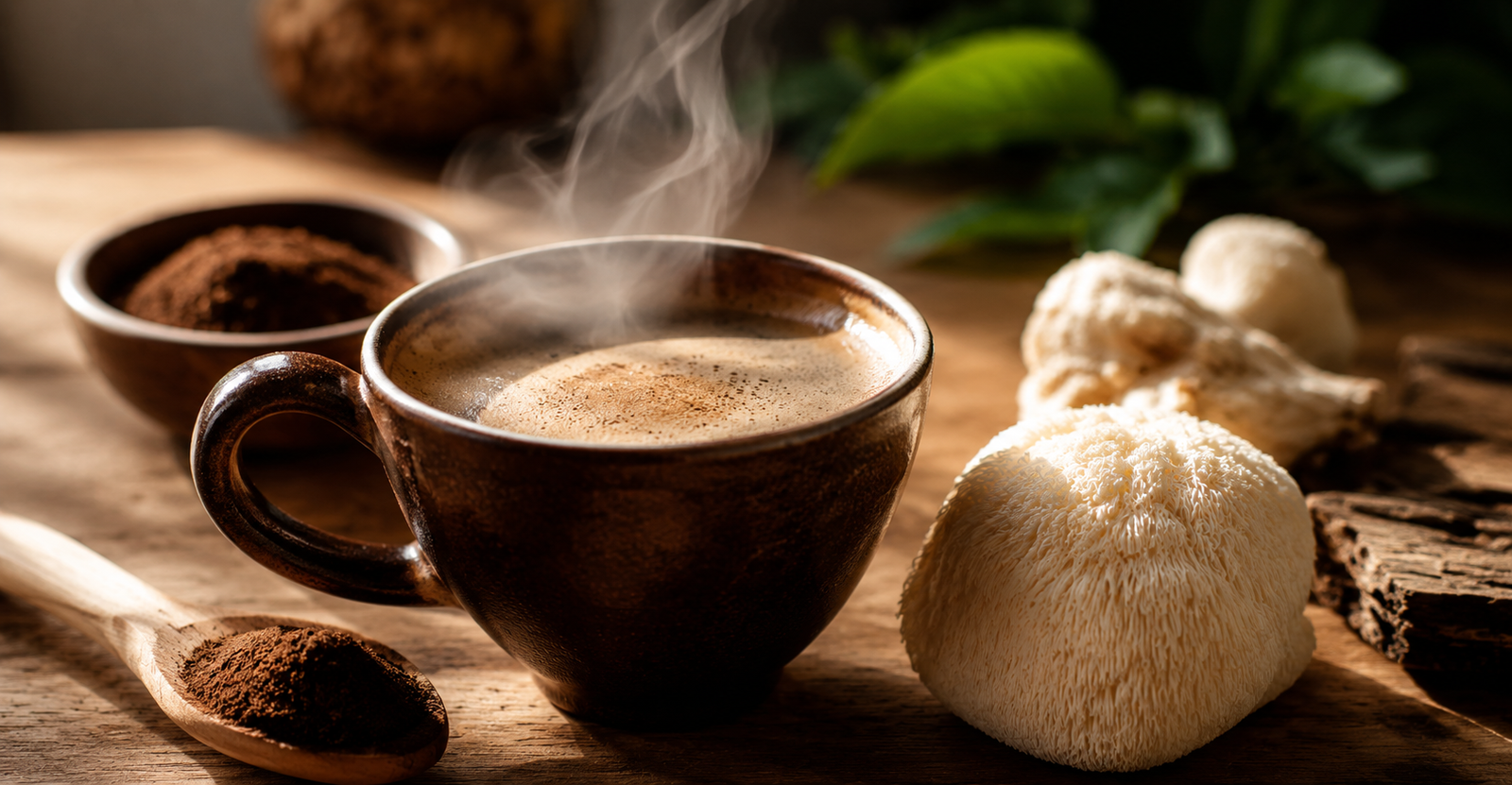 Xícara de café com cogumelo Lion's Mane sobre mesa de madeira com extrato natural utilizado em bebidas funcionais
