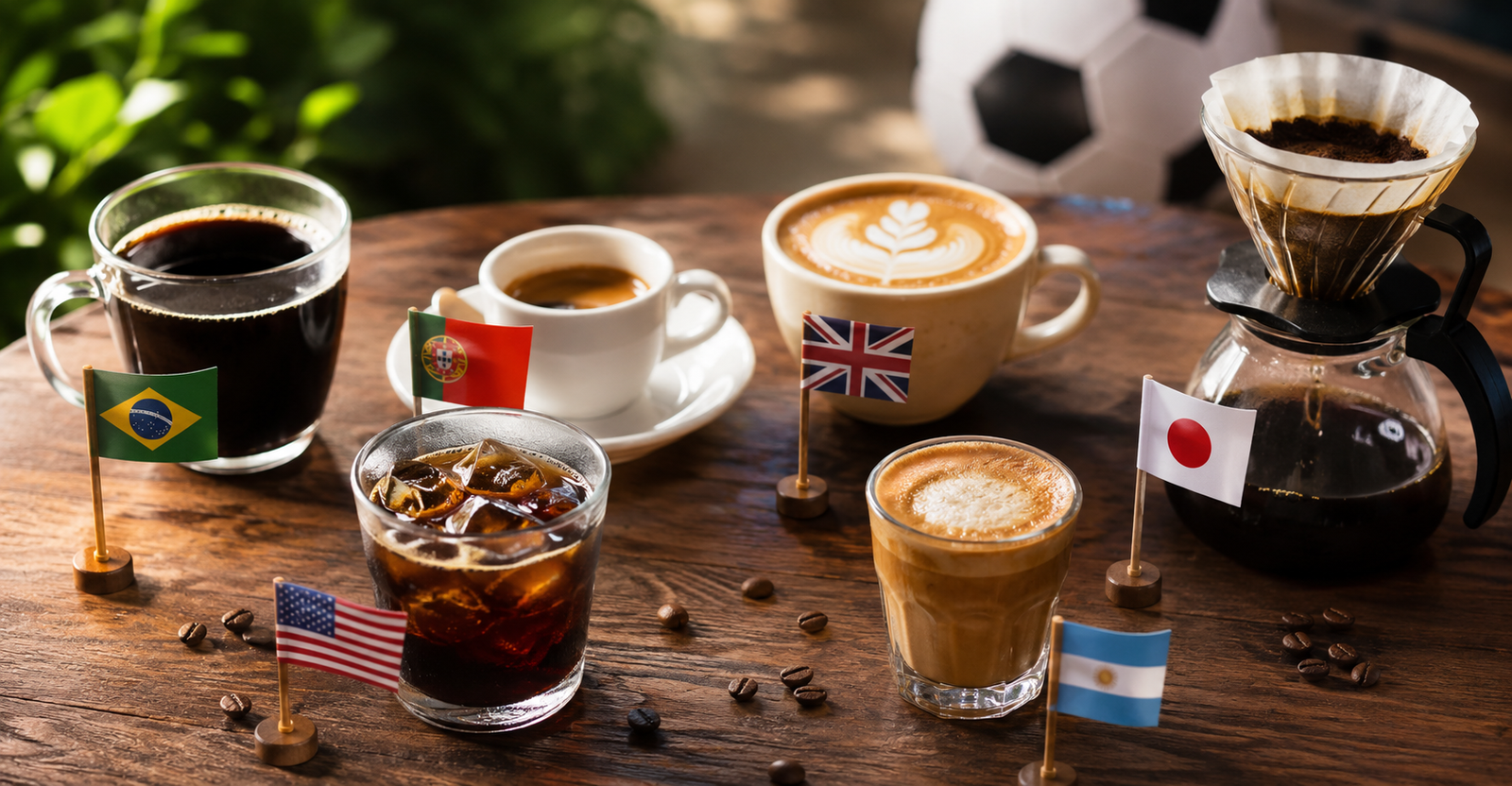 Diferentes estilos de café representando países participantes da Copa do Mundo 2026, incluindo café brasileiro, flat white inglês, V60 japonês e espresso português.