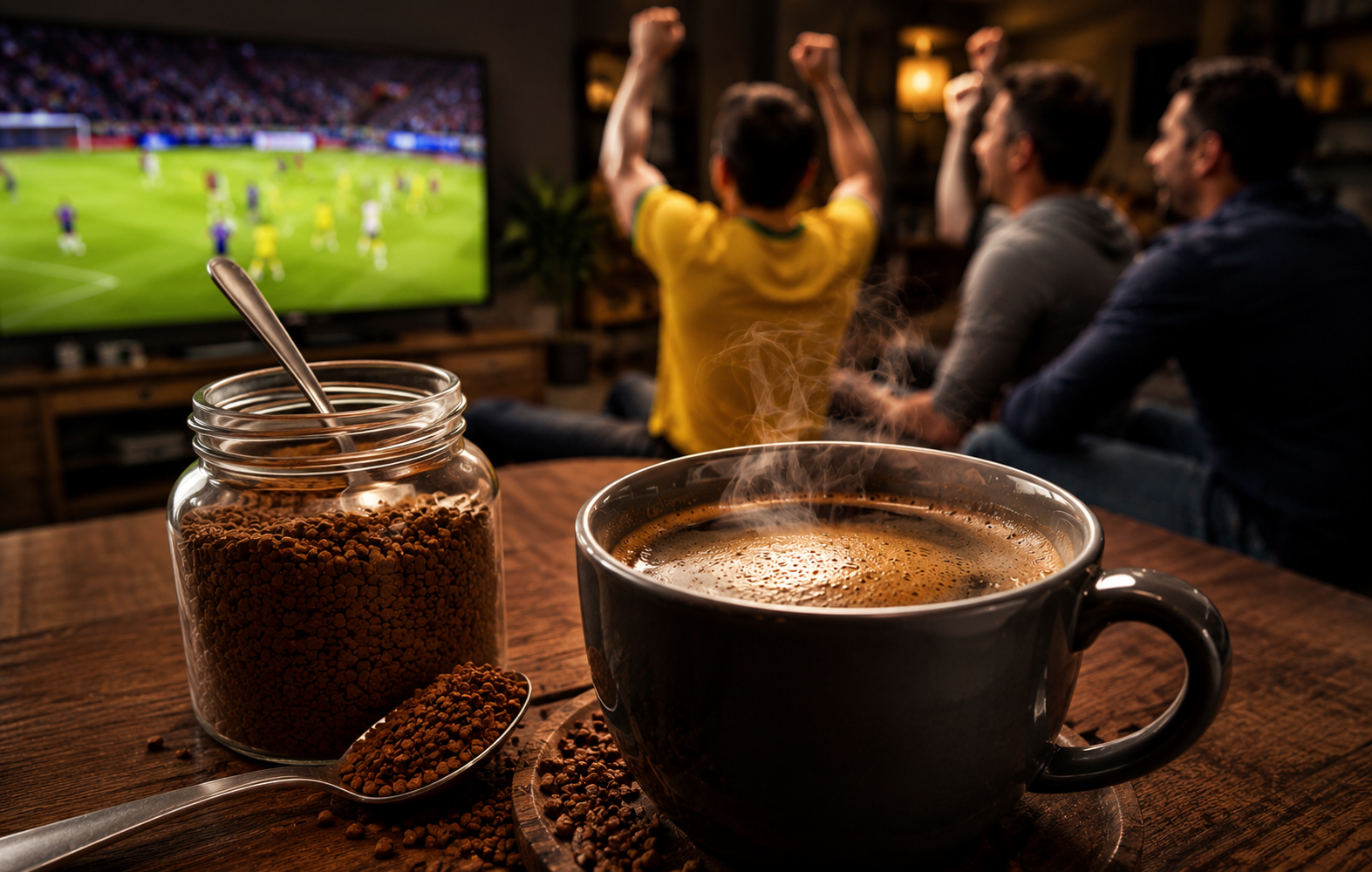 Copo de café solúvel fumegante ao lado de um pote com café instantâneo, enquanto torcedores assistem a uma partida da Copa do Mundo 2026 na televisão ao fundo.