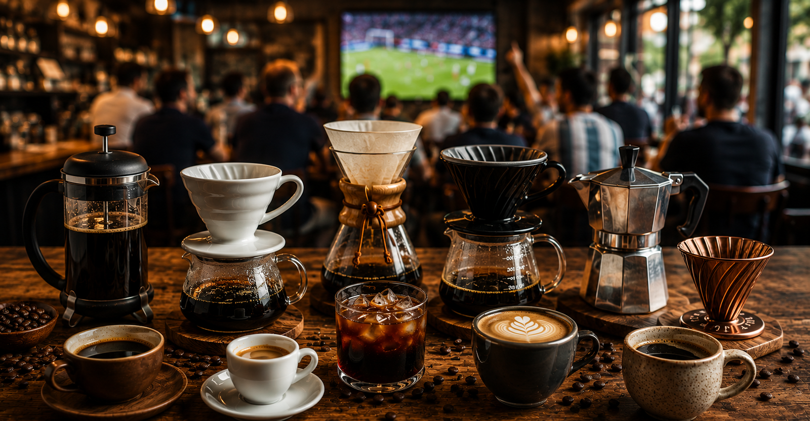 Diferentes métodos de preparo de café, incluindo V60, Chemex, Prensa Francesa, Espresso e Cold Brew, sobre uma mesa em cafeteria com pessoas assistindo a uma partida de futebol ao fundo.