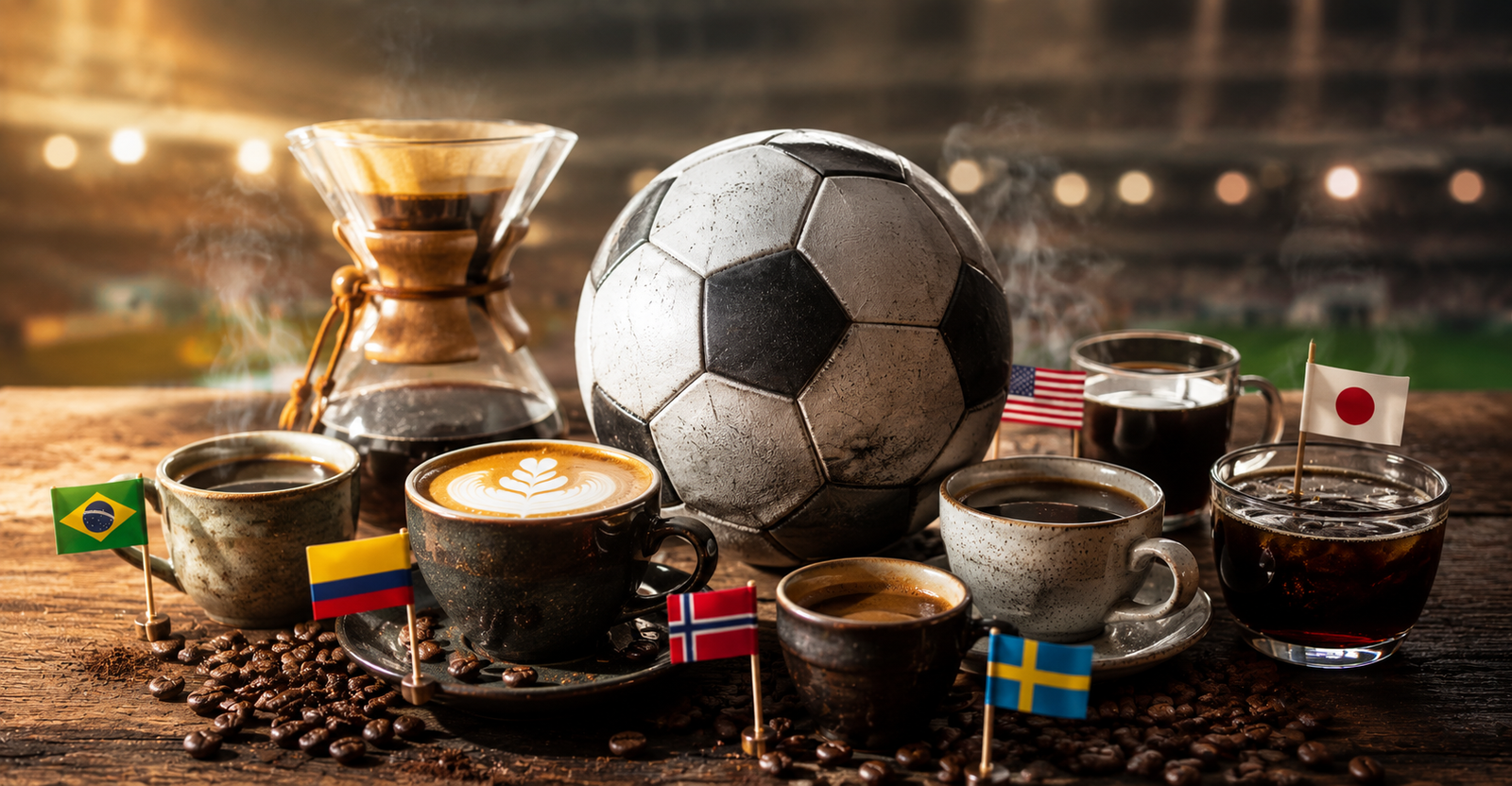Xícaras de café especial representando países participantes da Copa do Mundo 2026 ao lado de uma bola de futebol.