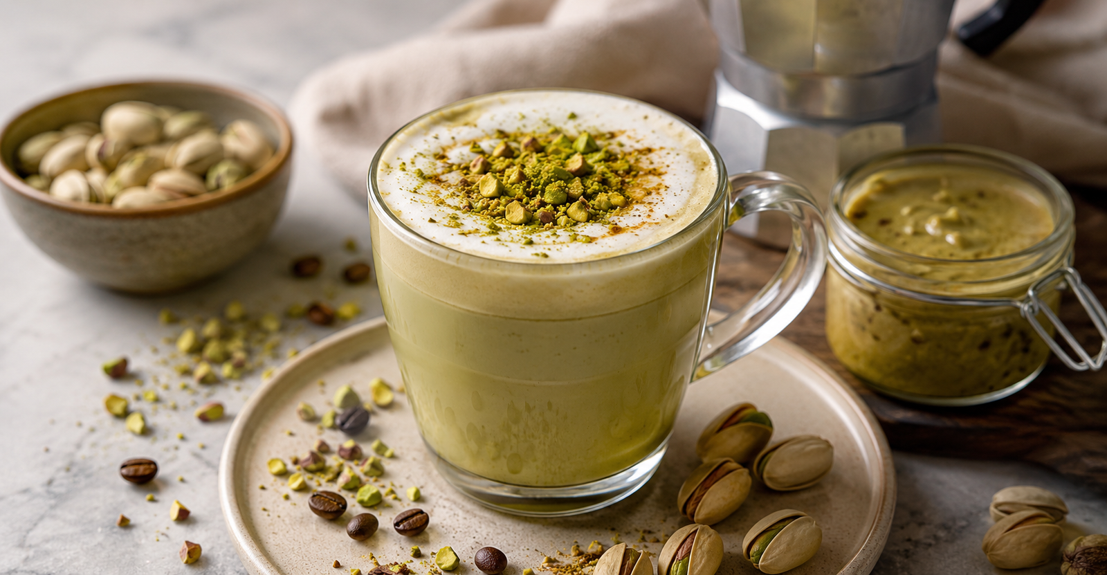 Pistachio latte caseiro servido em caneca de vidro com espuma cremosa e pistaches triturados.