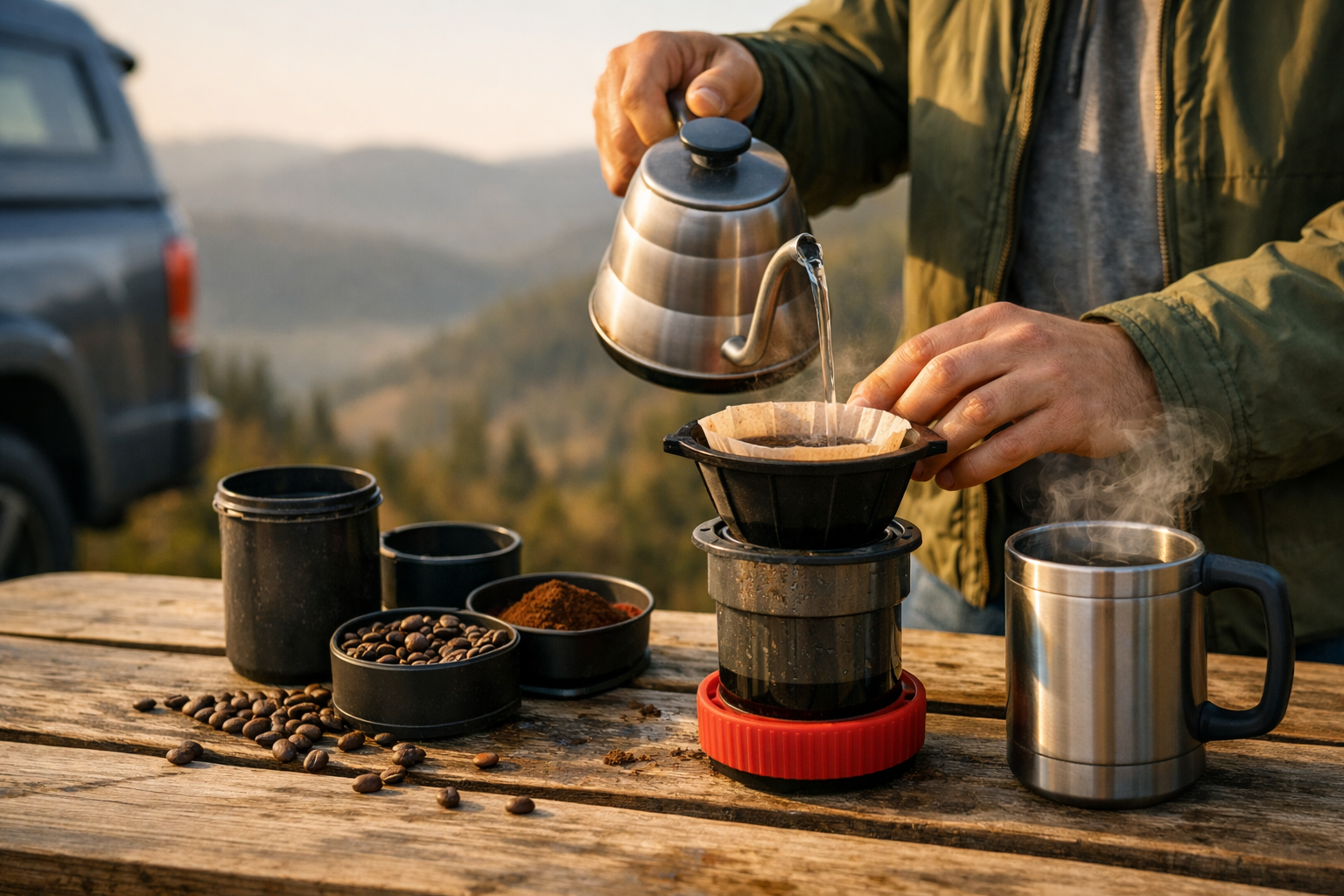 Viajante preparando café ao ar livre em uma mesa de madeira, usando um AeroPress e filtro de papel, com vapor subindo da caneca térmica e colinas ensolaradas ao fundo.