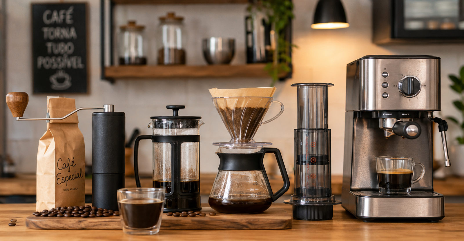 Setup de café em casa com moedor, prensa francesa, AeroPress e cafeteira espresso organizados sobre bancada.