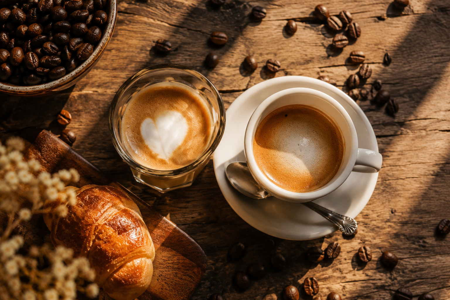 Cortado servido em copo de vidro e espresso com espuma leve ao lado de uma medialuna sobre mesa rústica de madeira, iluminados pela luz natural da manhã.