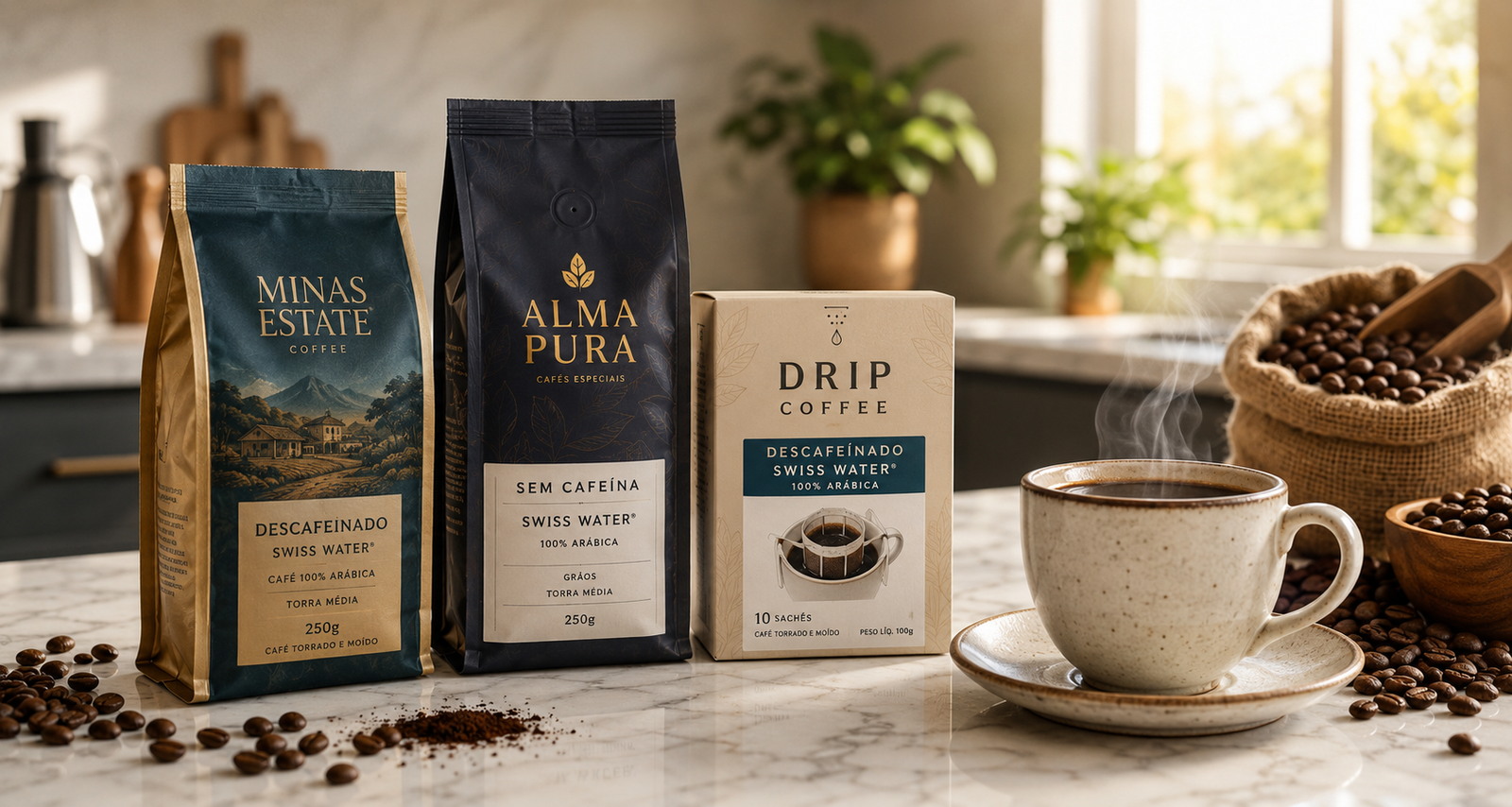Três cafés descafeinados produzidos pelo processo Swiss Water sobre bancada de cozinha ao lado de uma xícara de café fresco