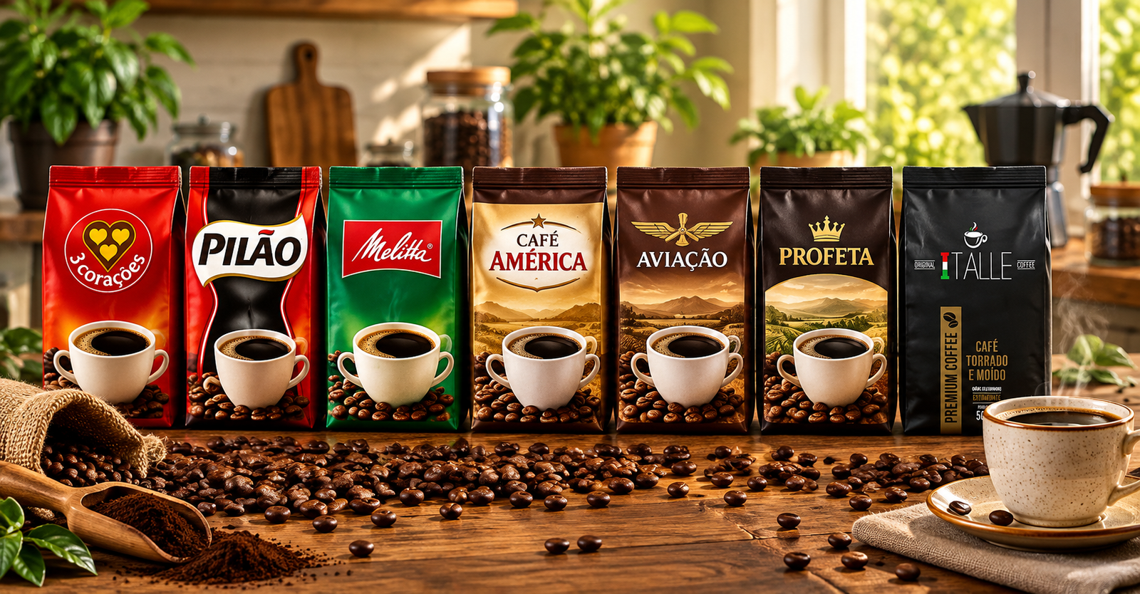 Seleção de cafés extrafortes 3 Corações, Pilão, Melitta, Café América, Aviação, Profeta e Italle.