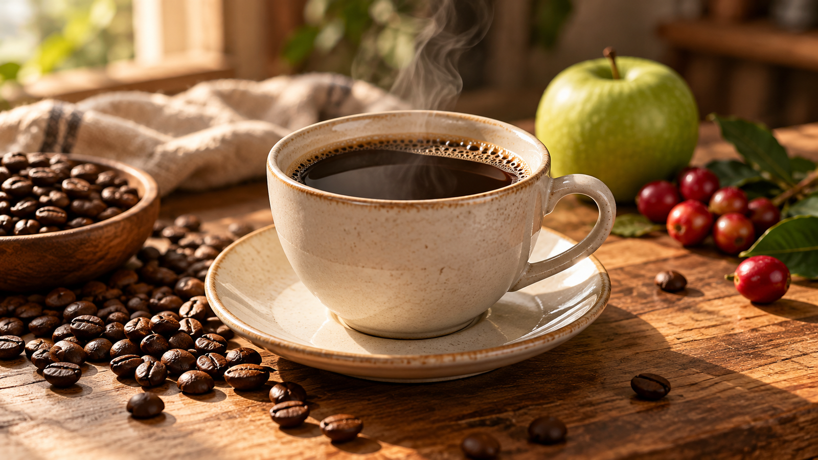 Xícara de café preto com grãos torrados, maçã verde e frutos vermelhos ao lado.