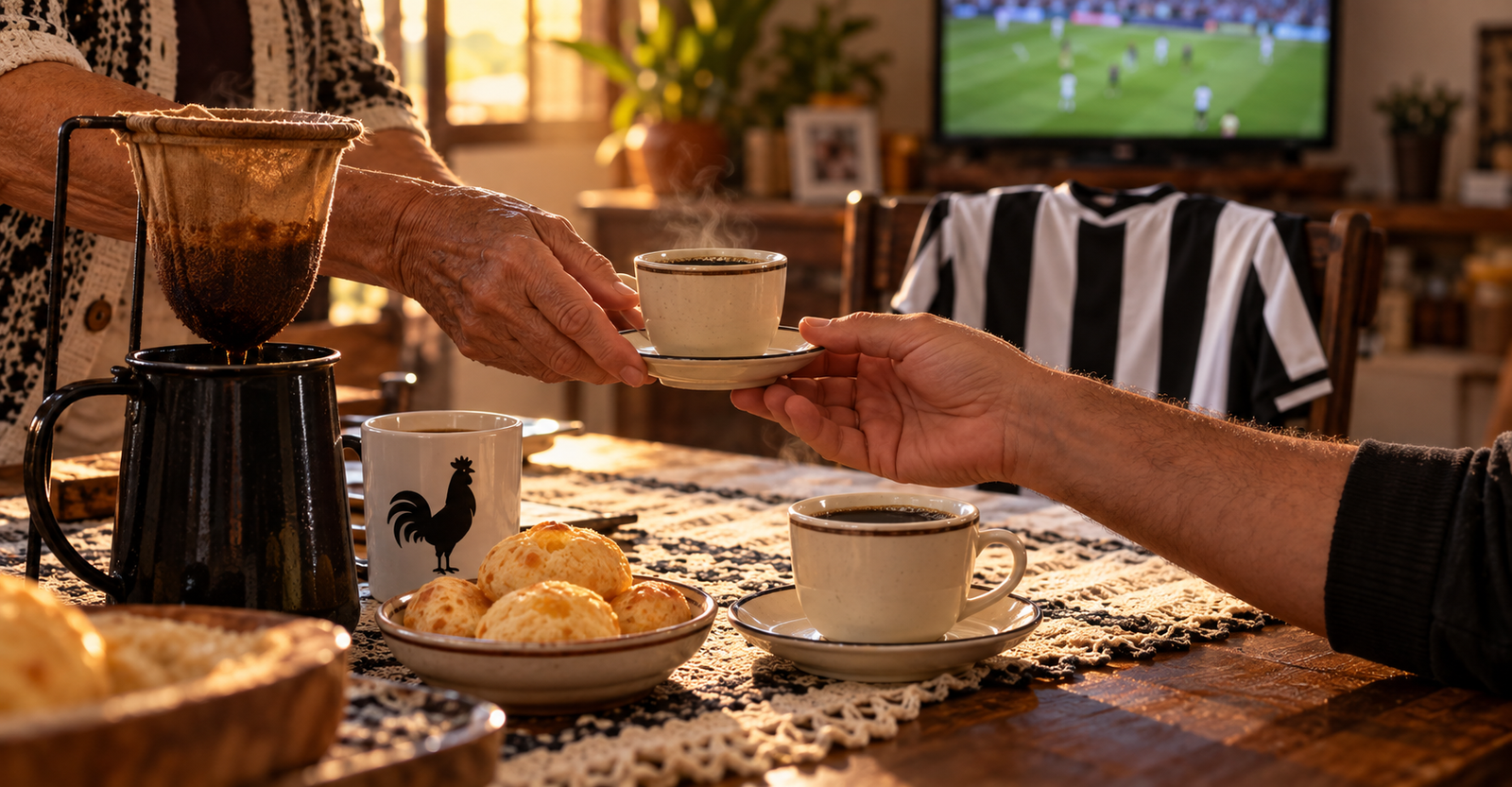 Pessoas compartilhando café coado e pão de queijo, com camisa alvinegra e futebol na televisão ao fundo.