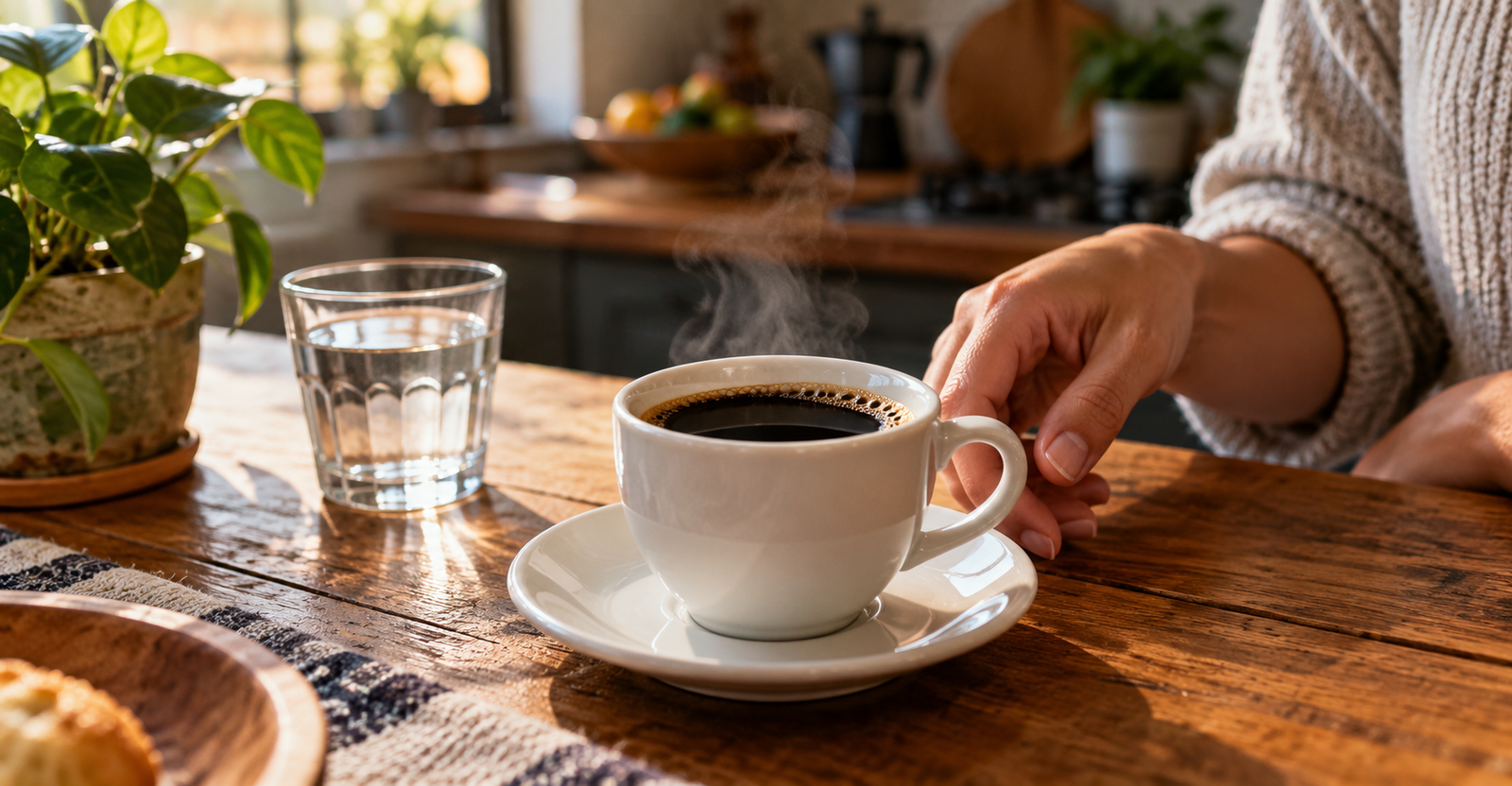 Pessoa segurando uma xícara de café preto sobre mesa de madeira, com um copo de água ao lado e luz natural na cozinha.