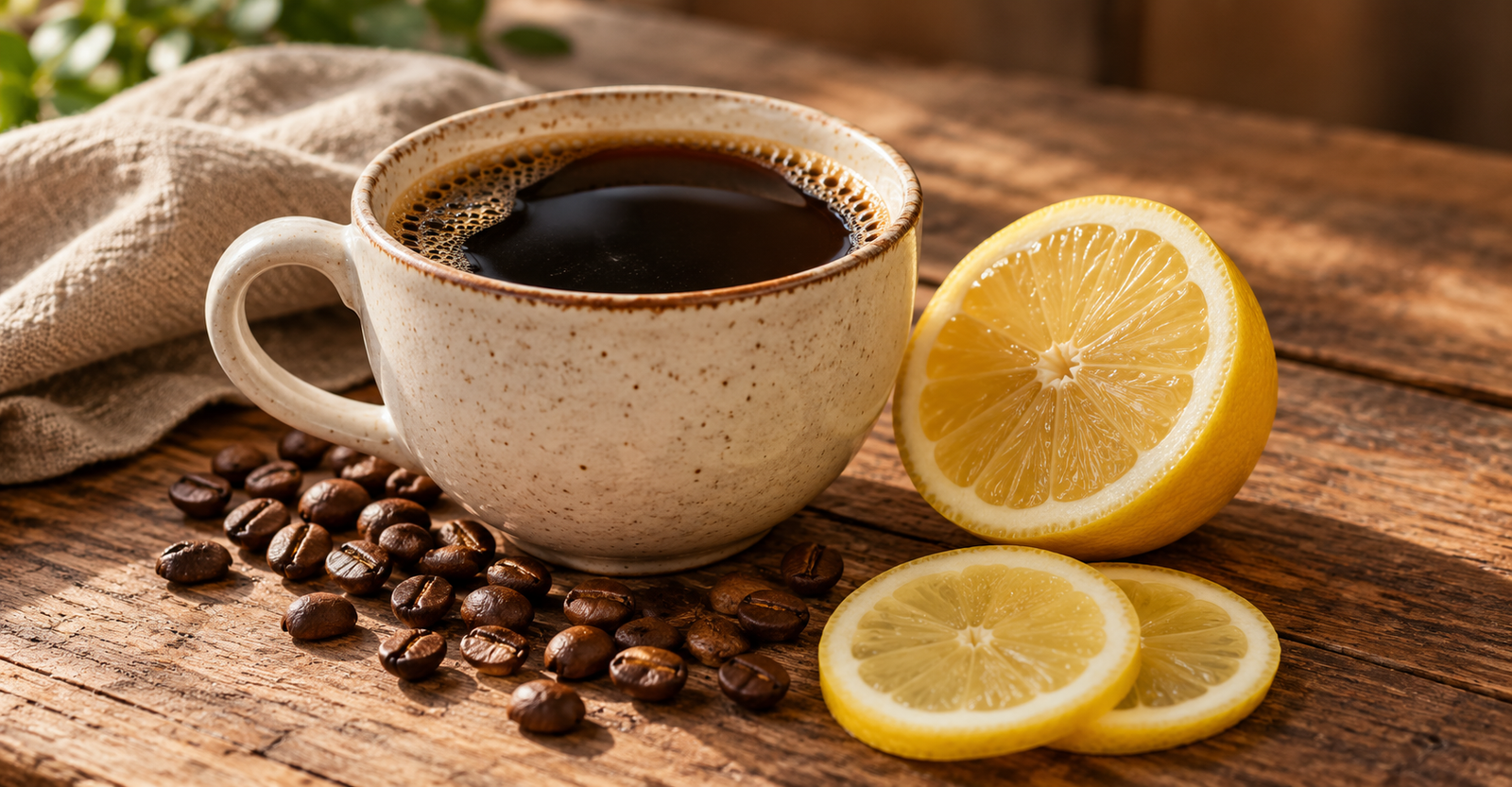 Xícara de café preto ao lado de limão cortado, rodelas de limão e grãos torrados sobre mesa de madeira.