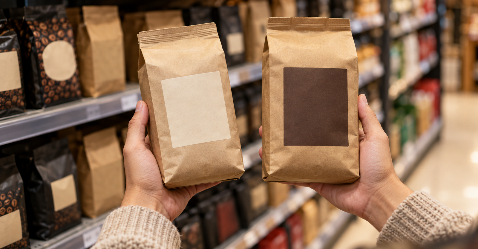Pessoa comparando duas embalagens de café diante de uma prateleira de supermercado.