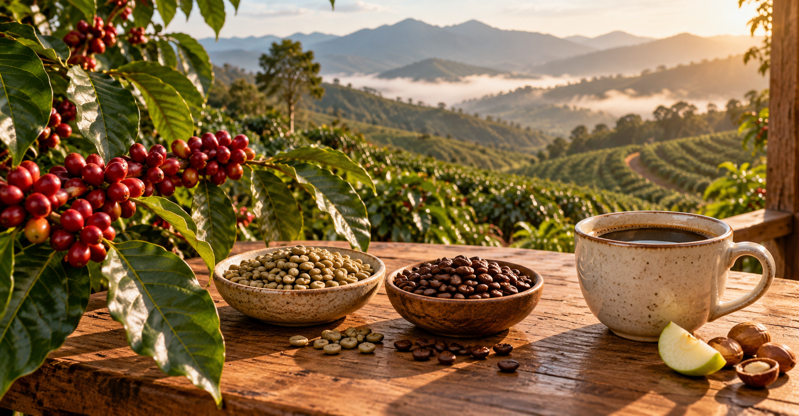 Duas xícaras de café com grãos, embalagens e frutos maduros sobre mesa de madeira, com cafezal ao fundo.