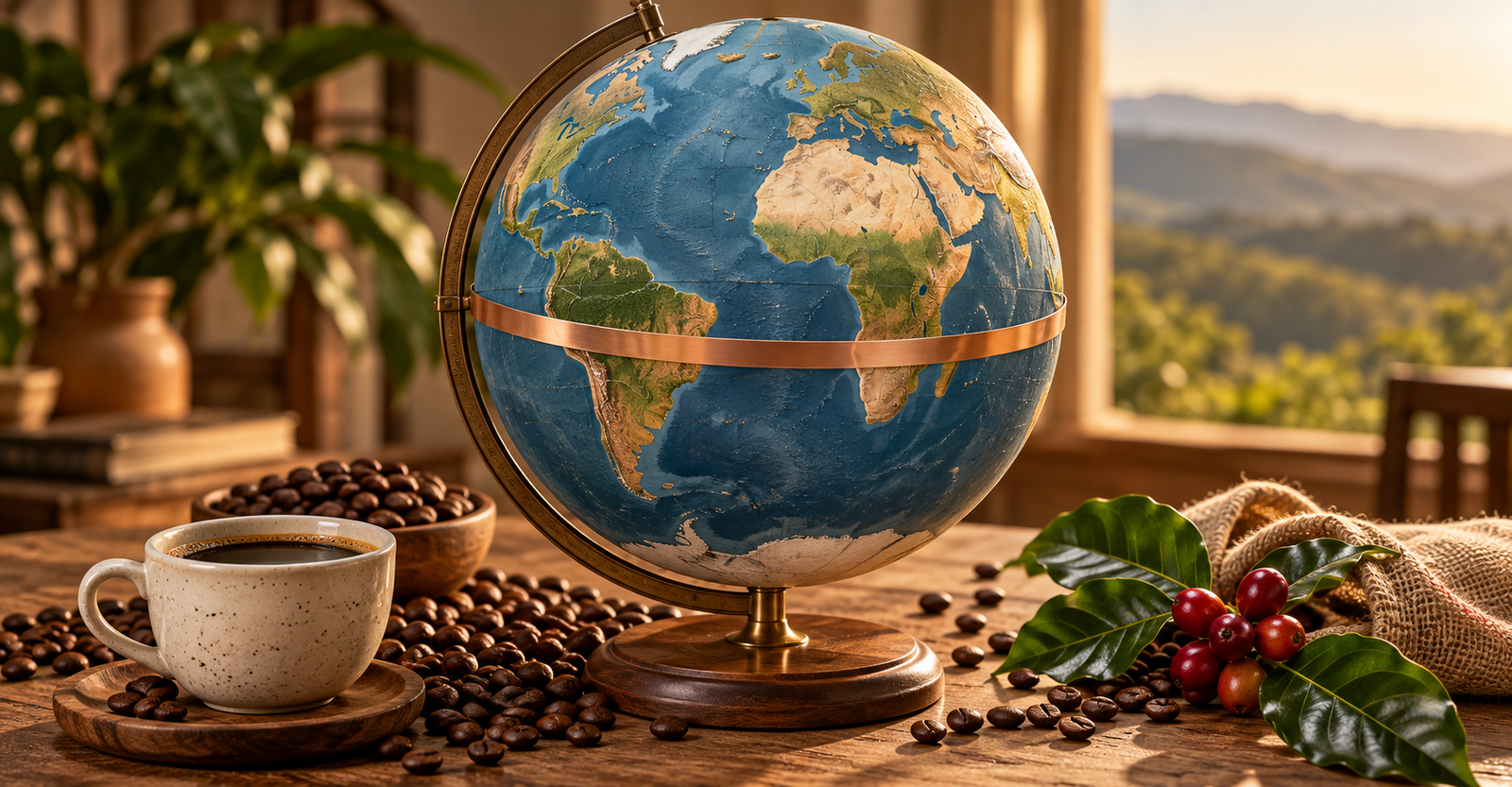 Globo terrestre com faixa decorativa, acompanhado de xícara, grãos torrados e ramo com frutos de café.